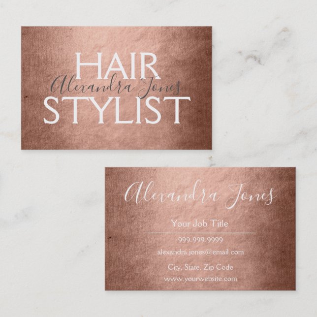 Pink & Rose Gold Metal Hair Stylist Business Card (Front/Back)