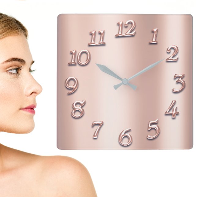 Pink Rose Gold Metallic Arabic Number Blush Girly Square Wall Clock (Pink Rose Gold Metallic Arabic Number Blush Girly Square Wall Clock)