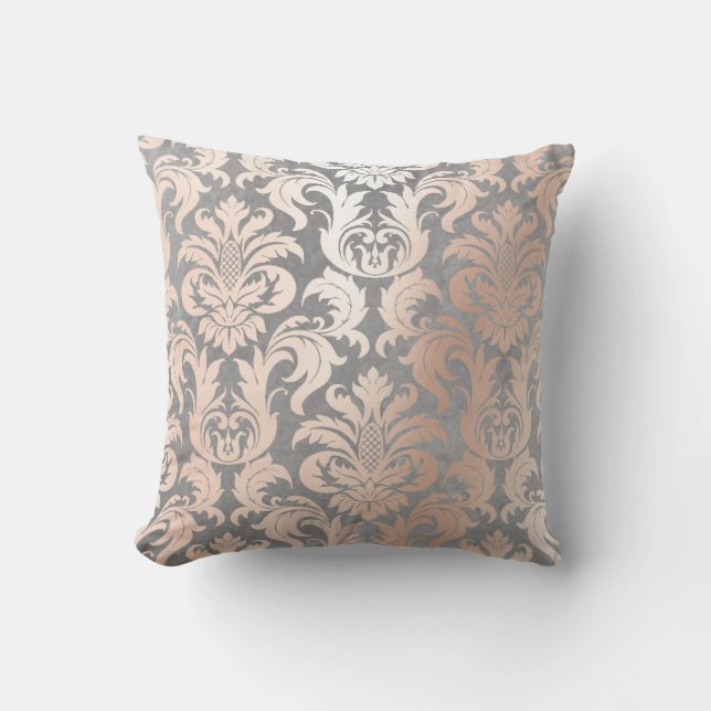 Pink Rose Gold Metallic Damask Silver Grey Lux Cushion (Front)
