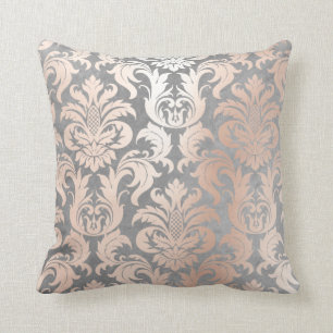 Pink Rose Gold Metallic Damask Silver Grey Lux Cushion