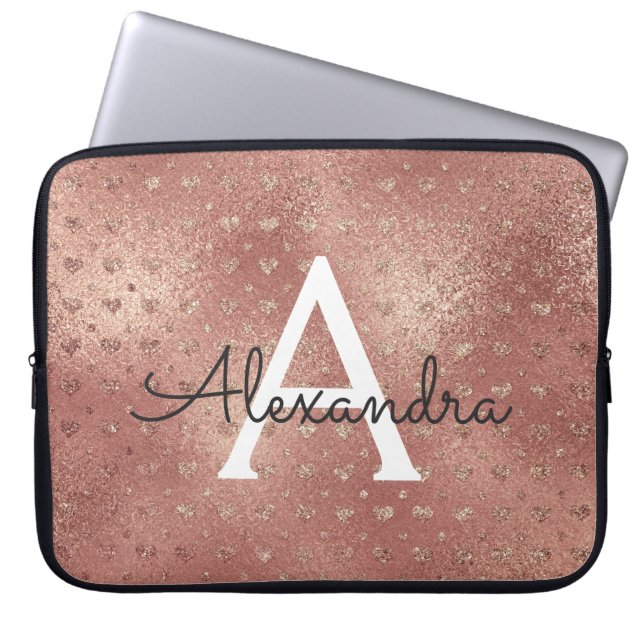 Pink Rose Gold Metallic Foil Glam Monogram Laptop Sleeve (Front)