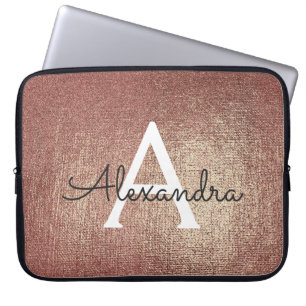 Pink Rose Gold Metallic Foil Glam Monogram Laptop Sleeve