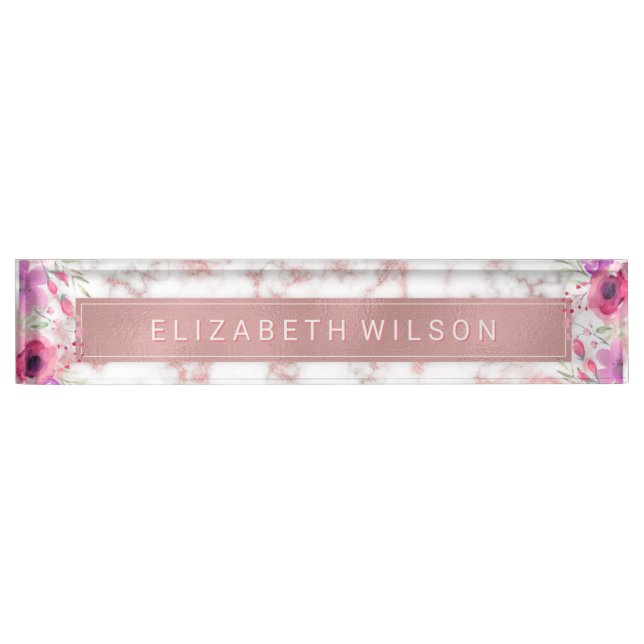 Pink Rose Gold Metallic Foil Marble Floral Luxury Nameplate (Front)
