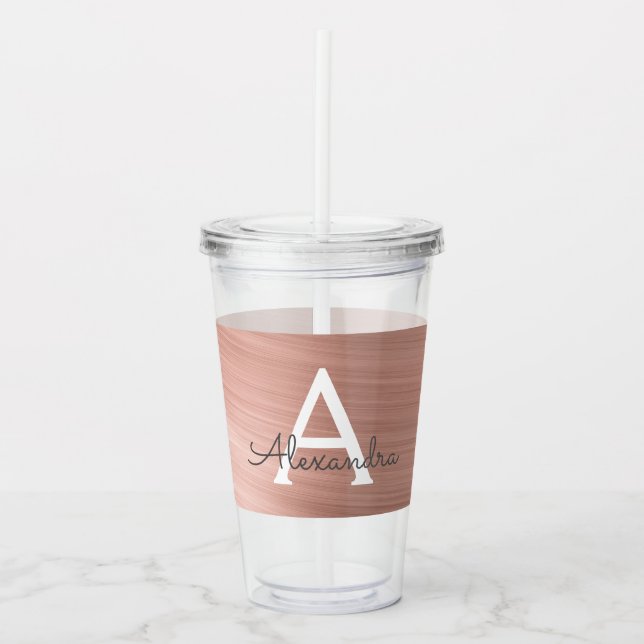 Pink Rose Gold Metallic Foil Monogram Birthday Acrylic Tumbler (Front)