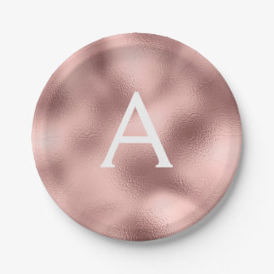Pink Rose Gold Metallic Foil Monogram Birthday Paper Plate