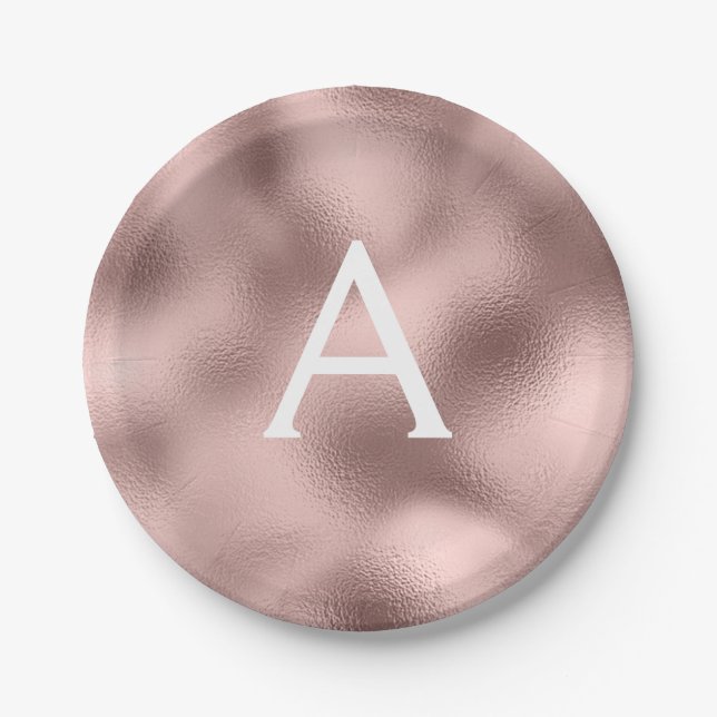 Pink Rose Gold Metallic Foil Monogram Birthday Paper Plate (Front)