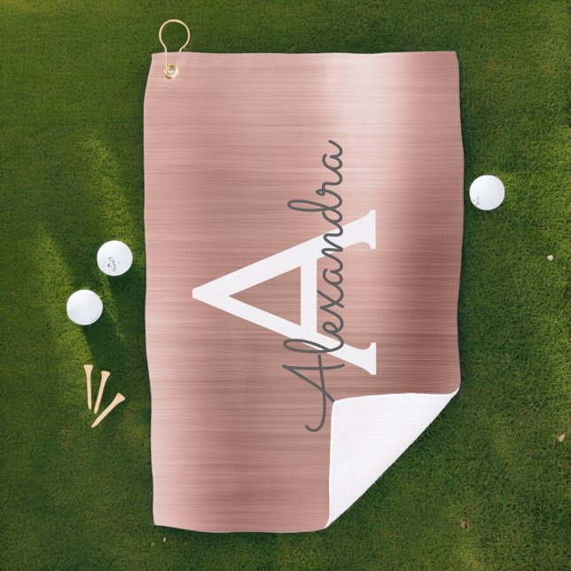 Pink Rose Gold Metallic Foil Monogram Name Golf Towel (Creator Uploaded)