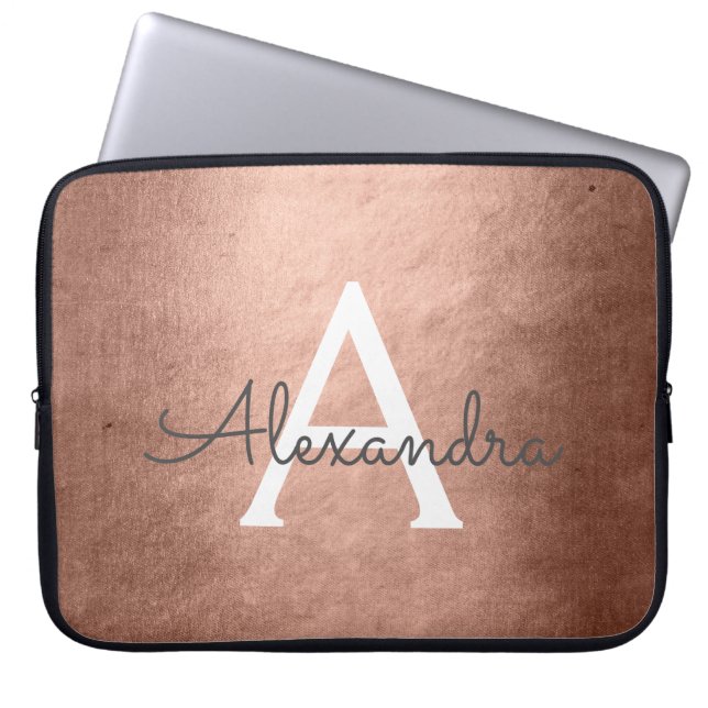 Pink Rose Gold Metallic Foil Monogrammed Laptop Sleeve (Front)