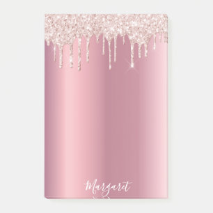 Pink rose gold metallic glam name script post-it notes