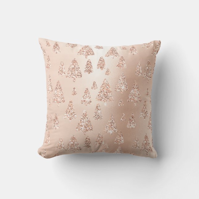Pink Rose Gold Metallic Glitter Christmas Trees Cushion (Front)
