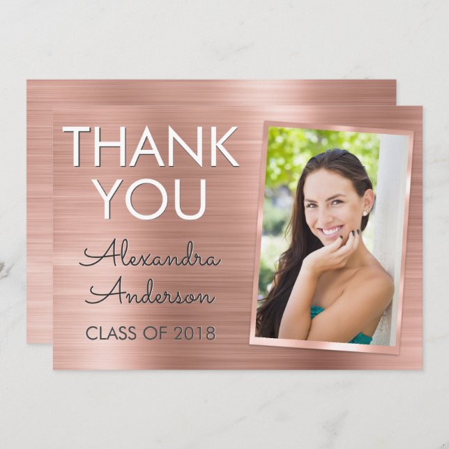 Pink Rose Gold Metallic Graduation Thank You Invitation (Front/Back)