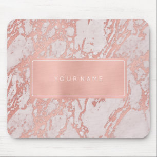 Pink Rose Gold Metallic Marble White Rectangular Mouse Pad