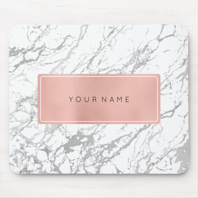Pink Rose Gold Metallic Minimal White Marble Grey Mouse Pad (Front)