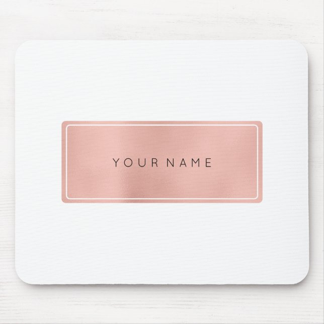 Pink Rose Gold Metallic Minimal White Rectangula Mouse Pad (Front)