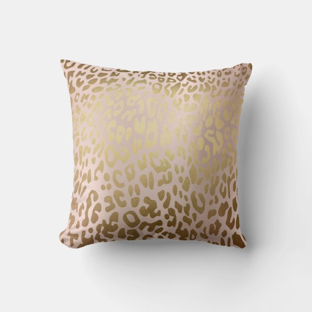 Pink Rose Gold Metallic Steel Leopard Animal Skin Cushion (Front)