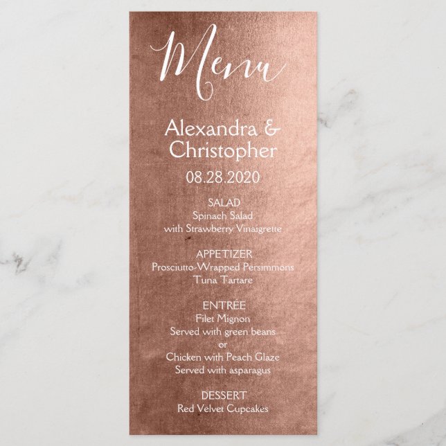 Pink Rose Gold Modern and Elegant Wedding Menu (Front)