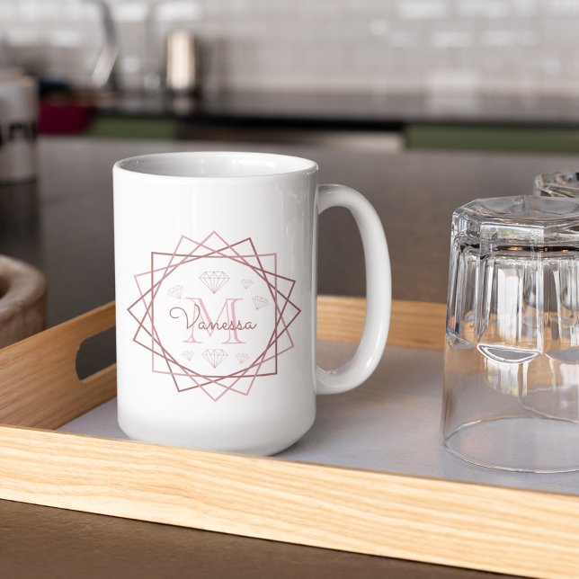 Pink Rose Gold Monogram Girly Geometric Diamonds Coffee Mug (Creator Uploaded)