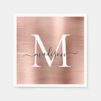 Pink Rose Gold Monogram Girly Script Brushed Metal