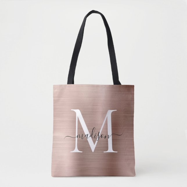Pink Rose Gold Monogram Glam Brushed Metal Script Tote Bag (Front)