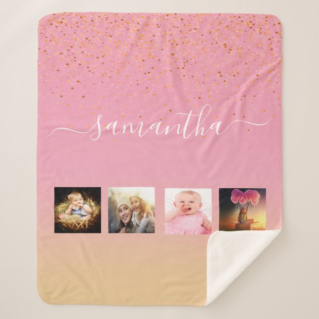Pink rose gold name photo collage sherpa blanket (Front)