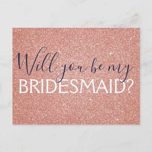 Pink Rose Gold Navy Blue Glitter Bridesmaid Invitation Postcard (Front)