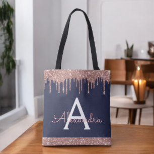 Pink Rose Gold Navy Blue Glitter Elegant Monogram Tote Bag