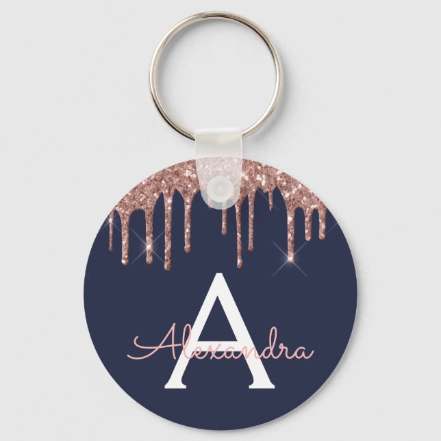 Pink Rose Gold Navy Blue Glitter Monogram Key Ring (Front)