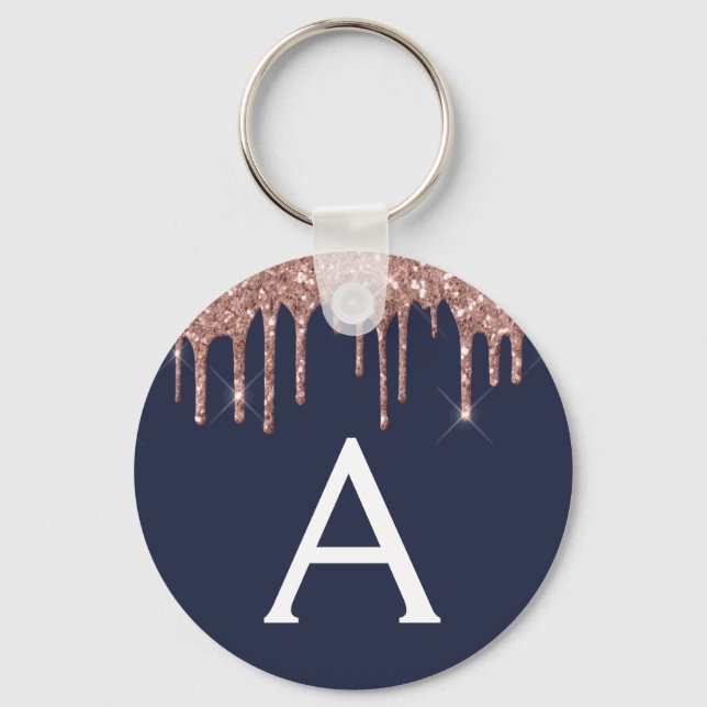 Pink Rose Gold Navy Blue Glitter Monogram Key Ring (Front)