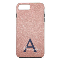 Pink Rose Gold Navy Blue Glitter Sparkle Monogram