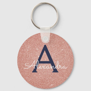 Pink Rose Gold Navy Blue Glitter Sparkle Monogram Key Ring