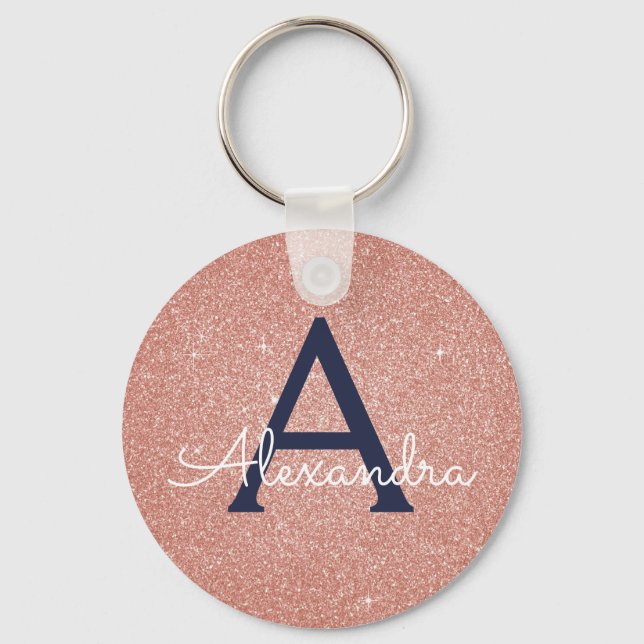 Pink Rose Gold Navy Blue Glitter Sparkle Monogram Key Ring (Front)