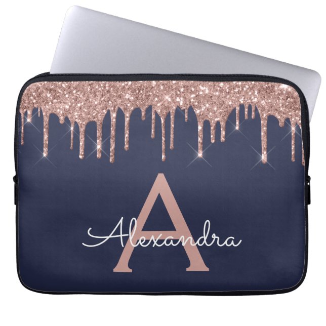 Pink Rose Gold Navy Blue Glitter Sparkle Monogram Laptop Sleeve (Front)