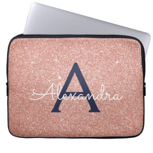 Pink Rose Gold Navy Blue Glitter Sparkle Monogram Laptop Sleeve
