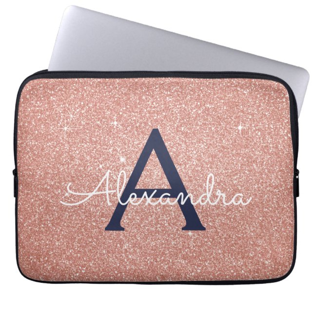 Pink Rose Gold Navy Blue Glitter Sparkle Monogram Laptop Sleeve (Front)