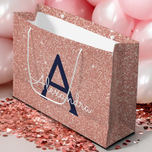 Pink Rose Gold Navy Blue Glitter Sparkle Monogram Large Gift Bag