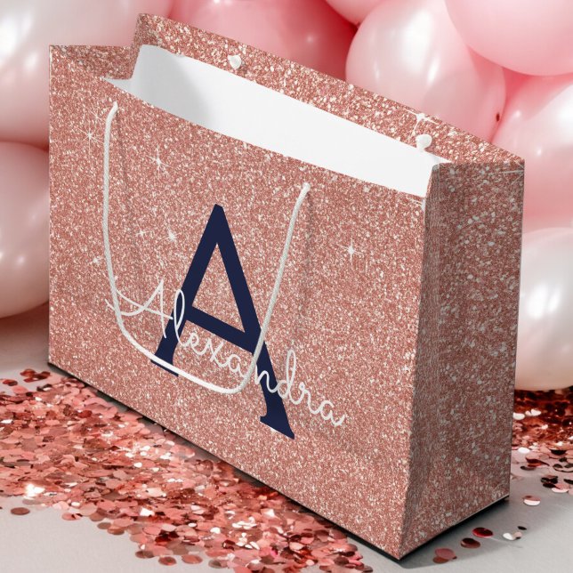 Pink Rose Gold Navy Blue Glitter Sparkle Monogram Large Gift Bag (Creator Uploaded)