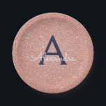 Pink Rose Gold Navy Blue Glitter Sparkle Monogram Paper Plate<br><div class="desc">Blush Pink Rose Gold and Navy Blue Faux Glitter and Sparkle Elegant Birthday or Bachelorette Party Plates. These Wedding,  Bridal Shower or Birthday Party Plates can be customised to include your initial and first name. Please contact the designer for customised matching items.</div>
