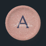 Pink Rose Gold Navy Blue Glitter Sparkle Monogram Paper Plate<br><div class="desc">Blush Pink Rose Gold and Navy Blue Faux Glitter and Sparkle Elegant Birthday or Bachelorette Party Plates. These Wedding,  Bridal Shower or Birthday Party Plates can be customised to include your initial and first name. Please contact the designer for customised matching items.</div>
