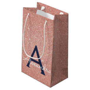 Pink Rose Gold Navy Blue Glitter Sparkle Monogram Small Gift Bag