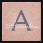 Pink Rose Gold Navy Blue Glitter Sparkle Monogram Stone Coaster<br><div class="desc">Pink Rose Gold and Navy Blue Faux Glitter and Sparkle Elegant Stone Tile. These Stone Tiles can be customised to include your initial and first name.</div>