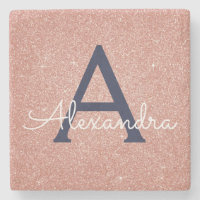 Pink Rose Gold Navy Blue Glitter Sparkle Monogram