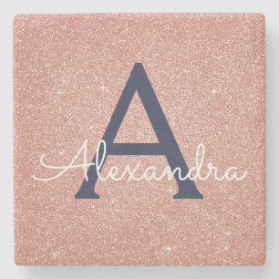 Pink Rose Gold Navy Blue Glitter Sparkle Monogram Stone Coaster