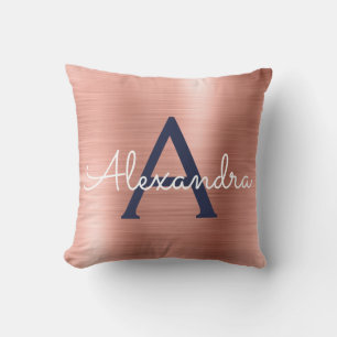 Pink Rose Gold Navy Blue Monogram Name Cushion
