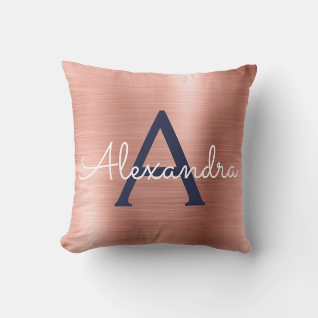 Pink Rose Gold Navy Blue Monogram Name Cushion (Front)