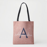 Pink Rose Gold Navy Blue Sparkle Elegant Monogram