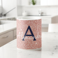 Pink Rose Gold Navy Blue Sparkle Glitter Monogram