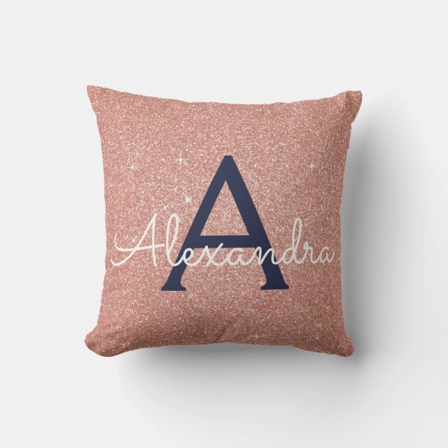 Pink Rose Gold Navy Blue Sparkle Glitter Monogram Cushion (Front)