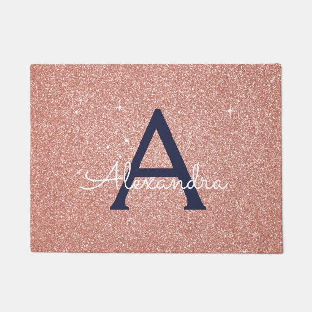Pink Rose Gold Navy Blue Sparkle Glitter Monogram Doormat (Front)