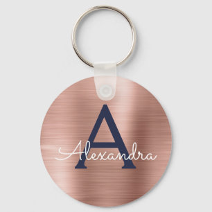 Pink Rose Gold Navy Blue Stainless Steel Monogram Key Ring