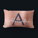 Pink Rose Gold Navy Blue Stainless Steel Monogram Lumbar Cushion<br><div class="desc">Rose Gold | Blush Pink and Navy Blue Stainless Steel Foil Monogram Name and Initial Pillow. The pillow makes the perfect Sweet 16,  Bridal Shower,  or Christmas or Wedding Elegant and Modern gift for someone decorating her room in rose gold.</div>